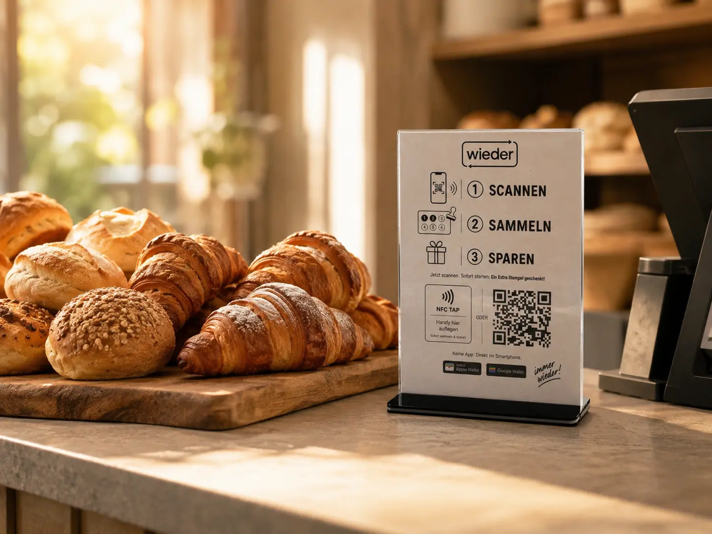 Bäckerei mit frischen Croissants und wieder Aufsteller an der Kasse
