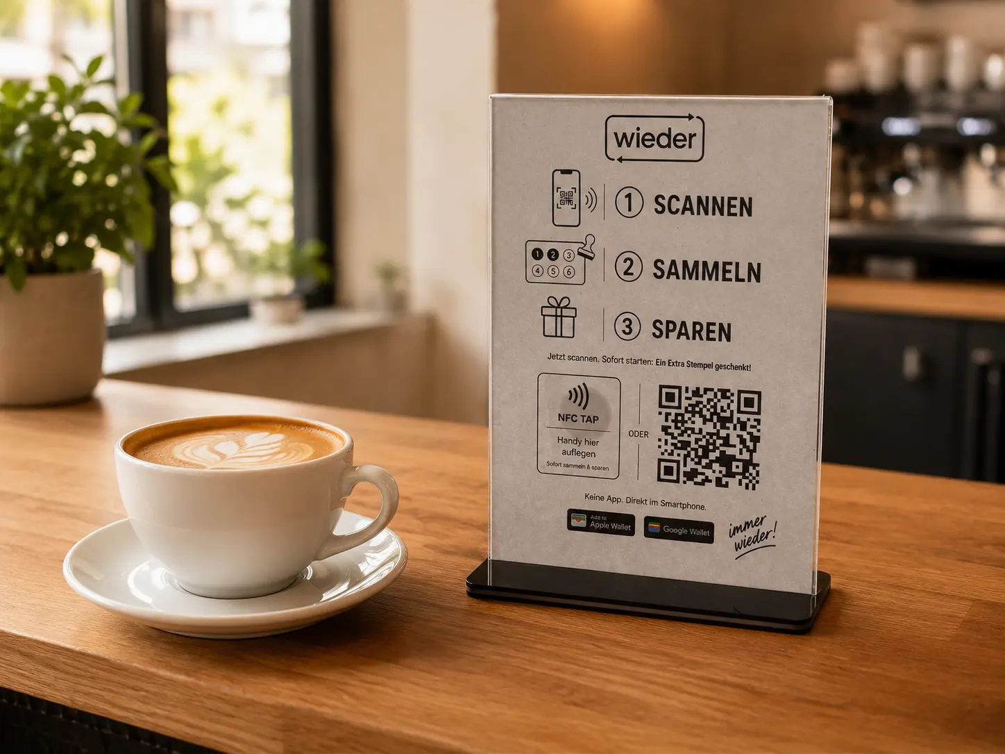 Café Tresen mit Latte Art und wieder Aufsteller