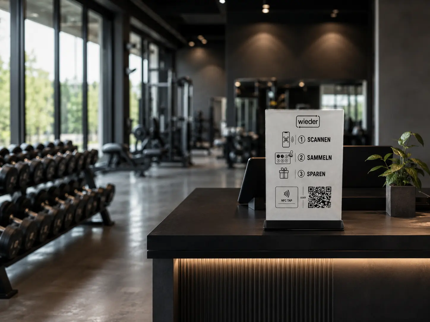 Modernes Fitnessstudio mit wieder Aufsteller am Empfang