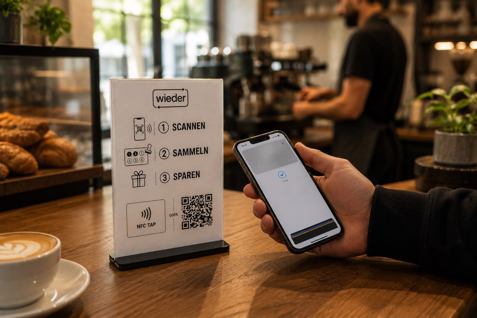 Smartphone am Café-Tresen bei einer digitalen Stempelkarte